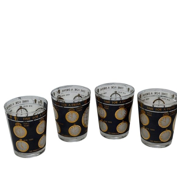 Set of 4 Mid-Century Modern "Time For A Drink" Double Old Fashioned Glasses Gold - Picture 14 of 16